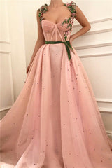Exquisite Pink Tulle Burgundy See Through Bodice Sweetheart Sash Prom Dress with Pearls-showprettydress