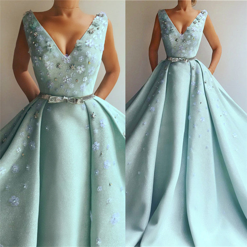 Exquisite Sequins V-neck Sleeveless Prom Party Gowns| Chic Flowers Pearls Long Prom Party Gowns with Beading Sash-showprettydress