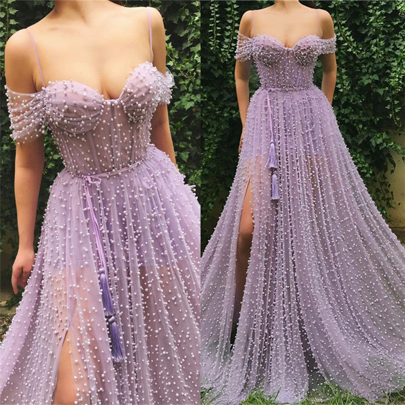 Exquisite Sweetheart Front Slit Long Affordable Tulle Pearls Off-the-Shoulder Prom Dress-showprettydress