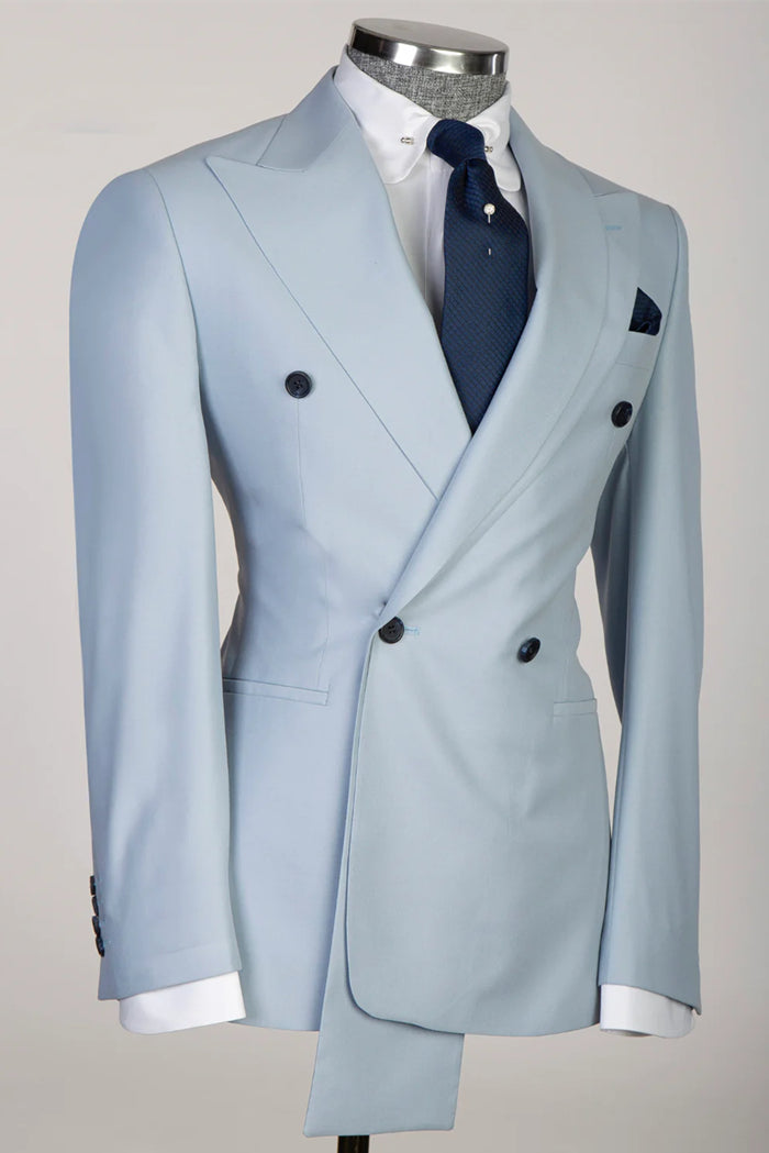 Sky Blue Peaked Lapel Double-Breasted Prom Suit