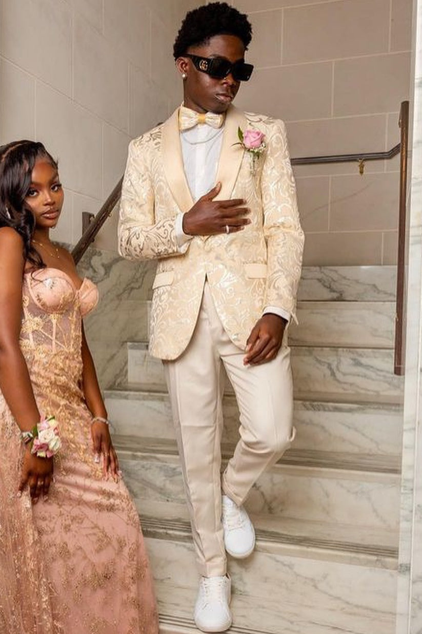 Champagne Jacquard Prom Suit with Satin Shawl Lapel