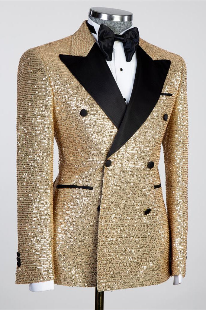 Gold Sequin Black Peaked Lapel Men's Prom Suit