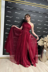 Fabulous Burgundy Long A-line One Shoulder Glitter Prom Dress With Slit-showprettydress