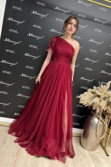 Fabulous Burgundy Long A-line One Shoulder Glitter Prom Dress With Slit-showprettydress