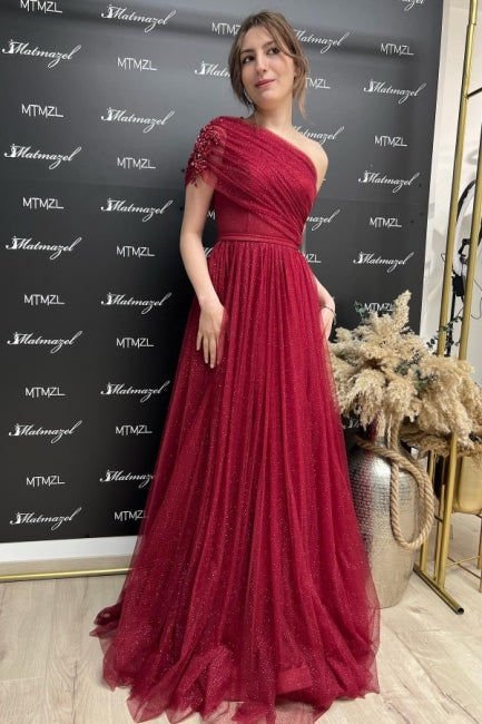 Fabulous Burgundy Long A-line One Shoulder Glitter Prom Dress With Slit-showprettydress