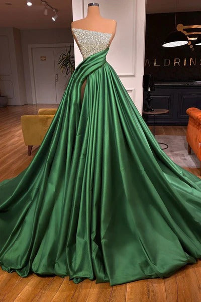 Fabulous Long A-line Strapless Satin Sleeveless Formal Prom Dress with Slit-showprettydress