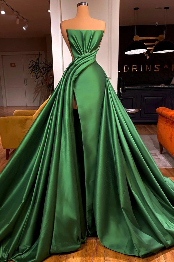 Fabulous Long A-line Strapless Satin Sleeveless Prom Dresses with Slit-showprettydress