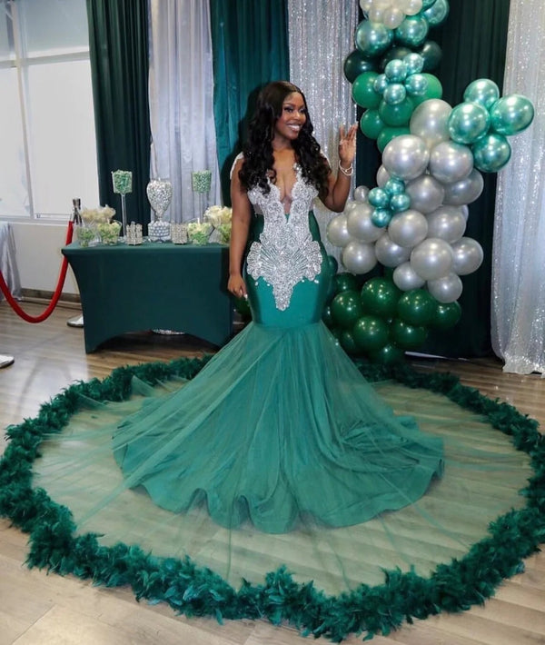 Fabulous Long Mermaid V-neck Sleeveless Tulle Beading Evening Prom Dresses-showprettydress