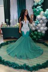 Fabulous Long Mermaid V-neck Sleeveless Tulle Beading Evening Prom Dresses-showprettydress