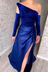 Fabulous Long Sleeves A-line Strapless Satin Evening Prom Dresses With Slit-showprettydress