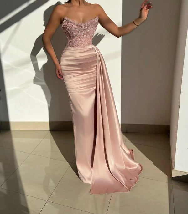 Fabulous Pink Long Mermaid Strapless Satin Evening Prom Dresses With Ruffles-showprettydress