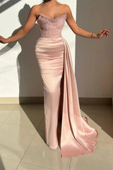 Fabulous Pink Long Mermaid Strapless Satin Evening Prom Dresses With Ruffles-showprettydress