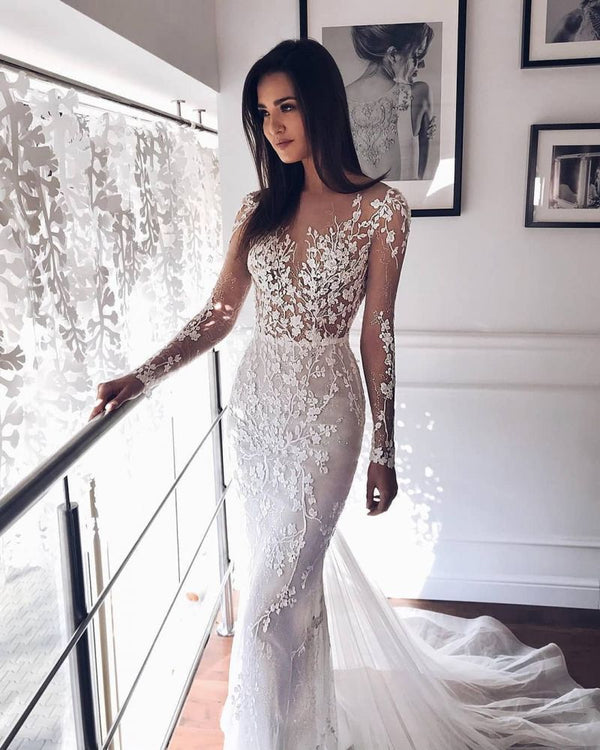 Fall Long Sleevess Lace Mermaid Illusion neck White Wedding Dress-showprettydress