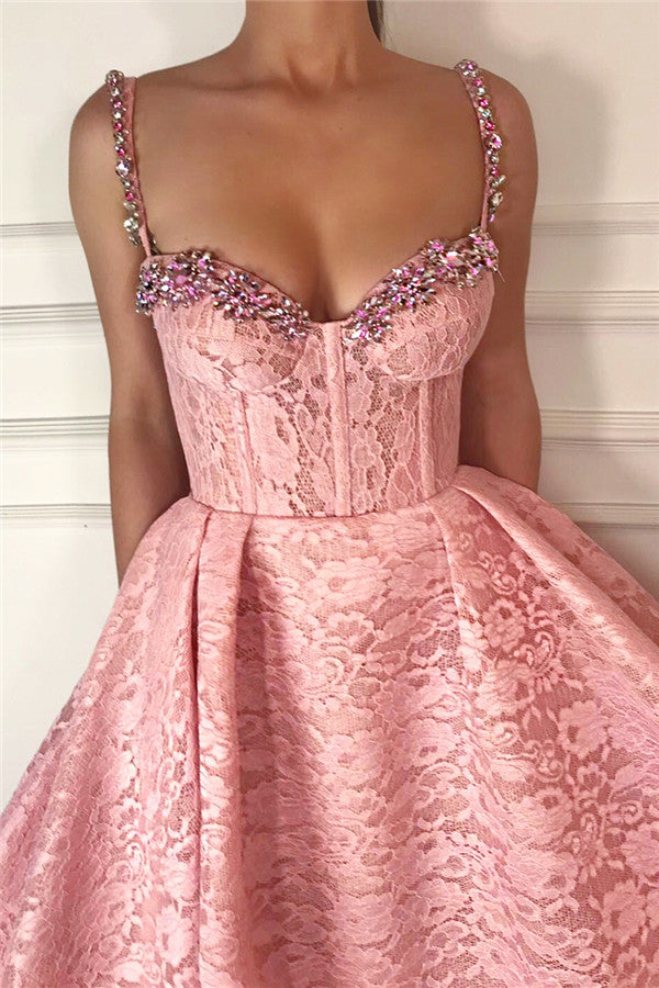 Fantastic Ball Gown Straps Sweetheart Pink Lace Beading Long Prom Party Gowns-showprettydress