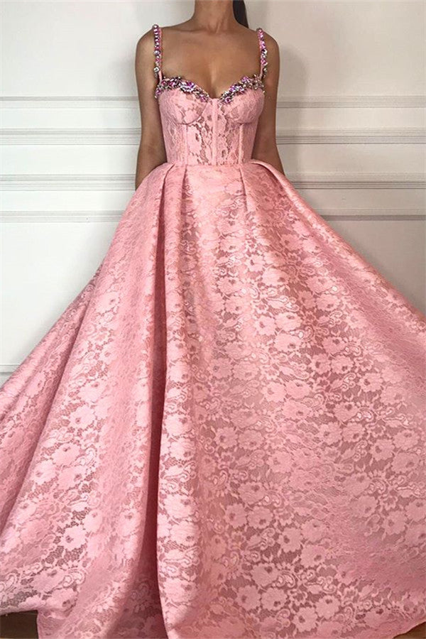 Fantastic Ball Gown Straps Sweetheart Pink Lace Beading Long Prom Party Gowns-showprettydress