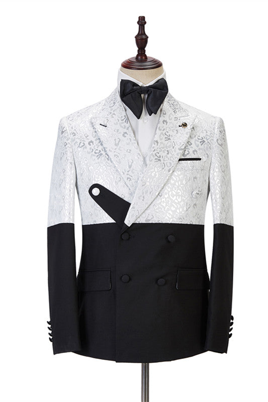 Fashion Black and White Jacquard Peaked Lapel Men Suits Online-showprettydress
