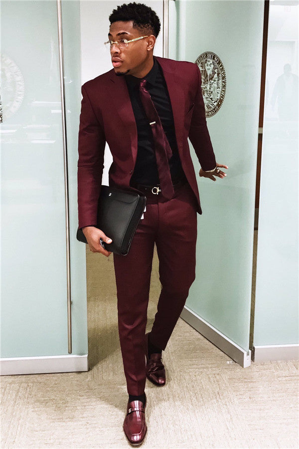 Fashion Burgundy Mens Suits Business Suits Slim Fit One Button Prom Outfits (Blazer Pants)-showprettydress