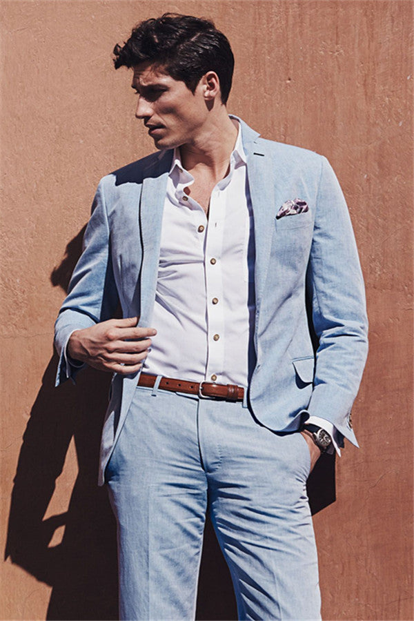 Fashion Casual Sky Blue Summer Men Suits Two-pieces Linen Beach Wedding Suits for Men-showprettydress