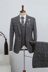 Fashion Dark Gray Plaid Three-pieces Slim Fit Custom Business Suit-showprettydress