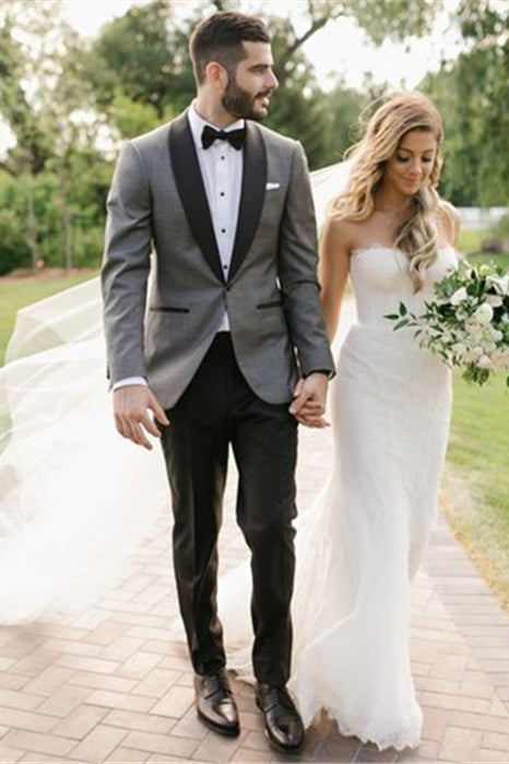 Fashion Gray Shawl Lapel Wedding Suit One Button Men Suit-showprettydress