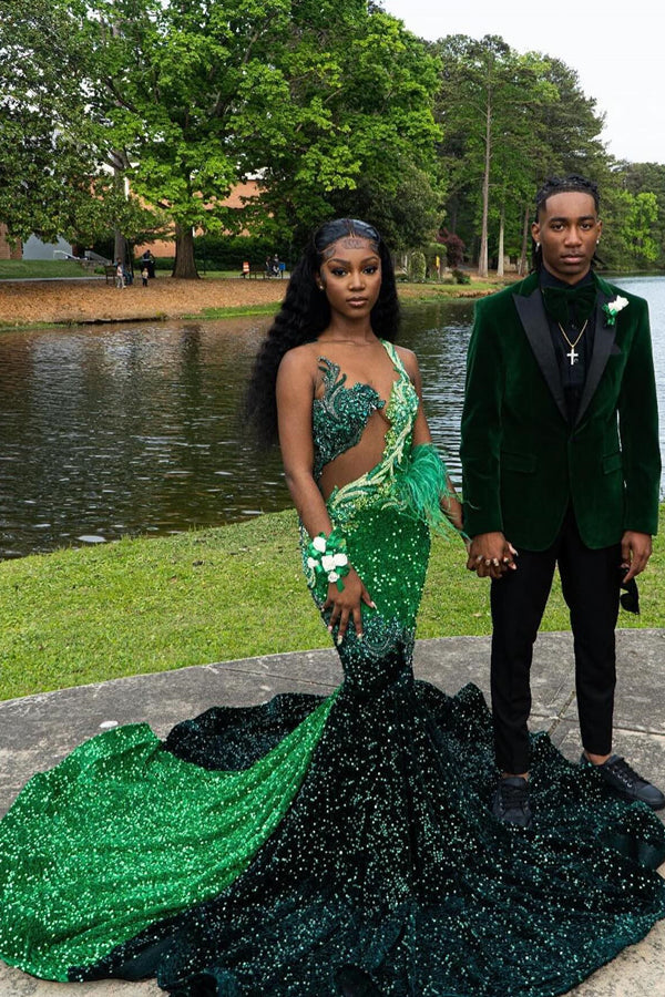Fashion Green Sequins Sleeveless Mermaid Sleeveless Prom Dresses-showprettydress