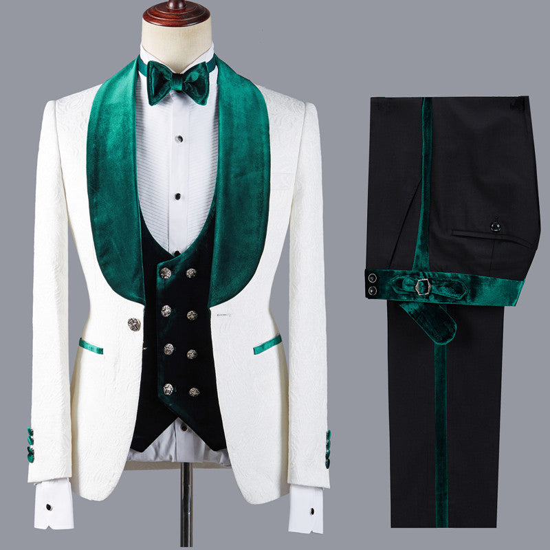 Fashion Jacquard Three Pieces White Wedding Suit with Green Lapel-showprettydress