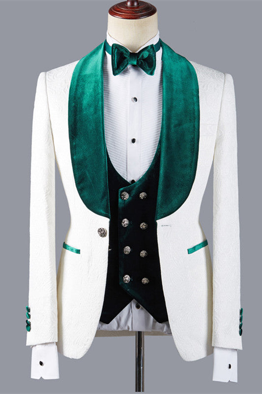 Fashion Jacquard Three Pieces White Wedding Suit with Green Lapel-showprettydress