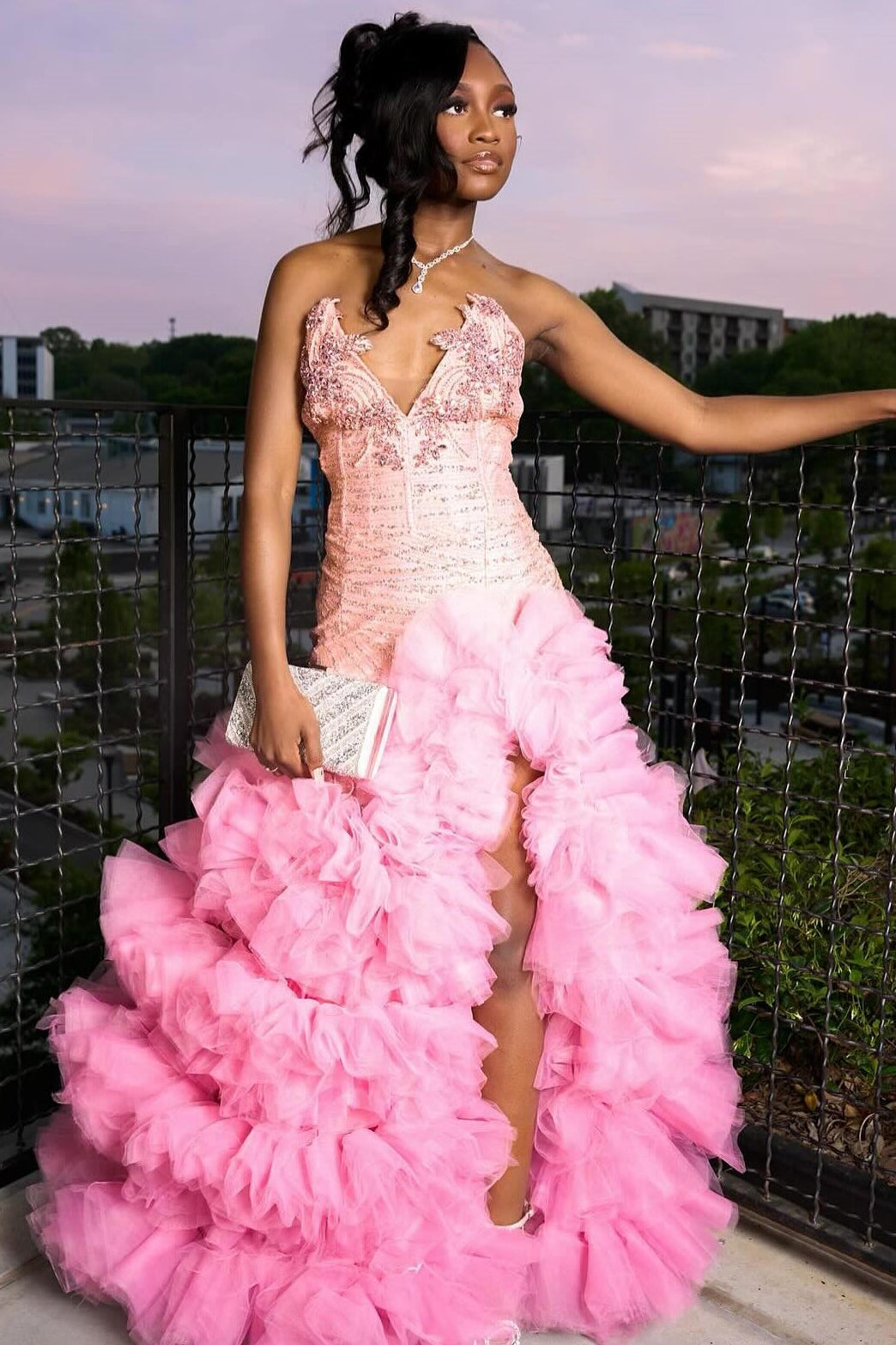 Fashion Pink Sweetheart Tiered Side Slit Appliques Prom Dress-showprettydress