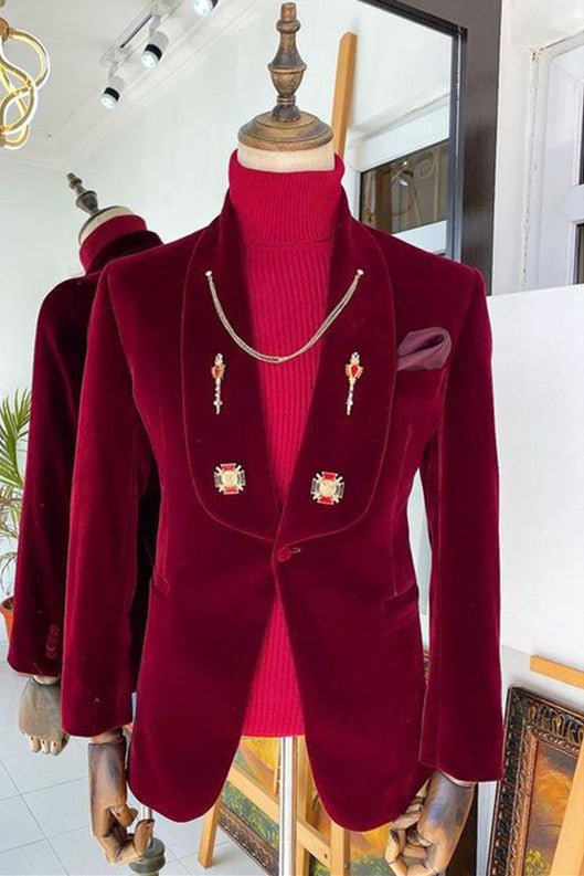 Fashion Red Velvet Shawl Lapel Wedding Groom Suits-showprettydress