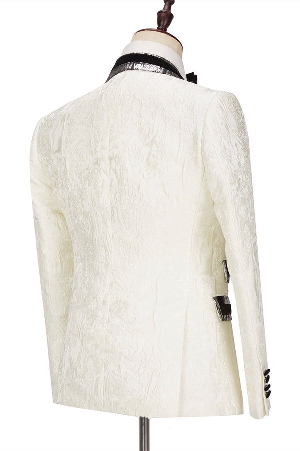 Fashion White Jacquard Sparkle Silver Gray Lapel Flaps Black Banding Edge Men Wedding Suits Tuxedos-showprettydress