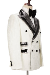 Fashion White Jacquard Sparkle Silver Gray Lapel Flaps Black Banding Edge Men Wedding Suits Tuxedos-showprettydress