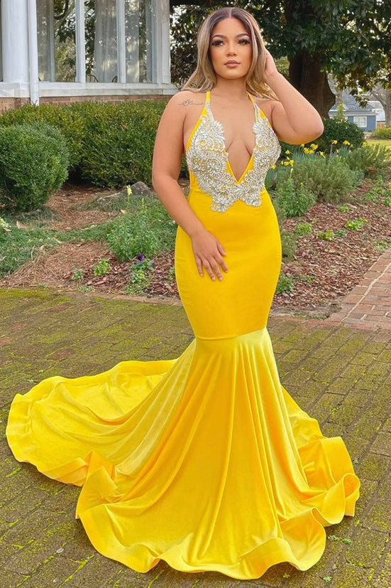 Fashion Yellow Halter Open Back Appliques Mermaid Prom Dress-showprettydress