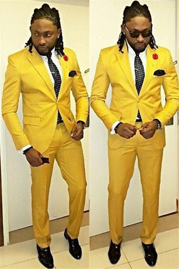 Fashion Yellow Peaked Lapel One Button Suits for Men-showprettydress