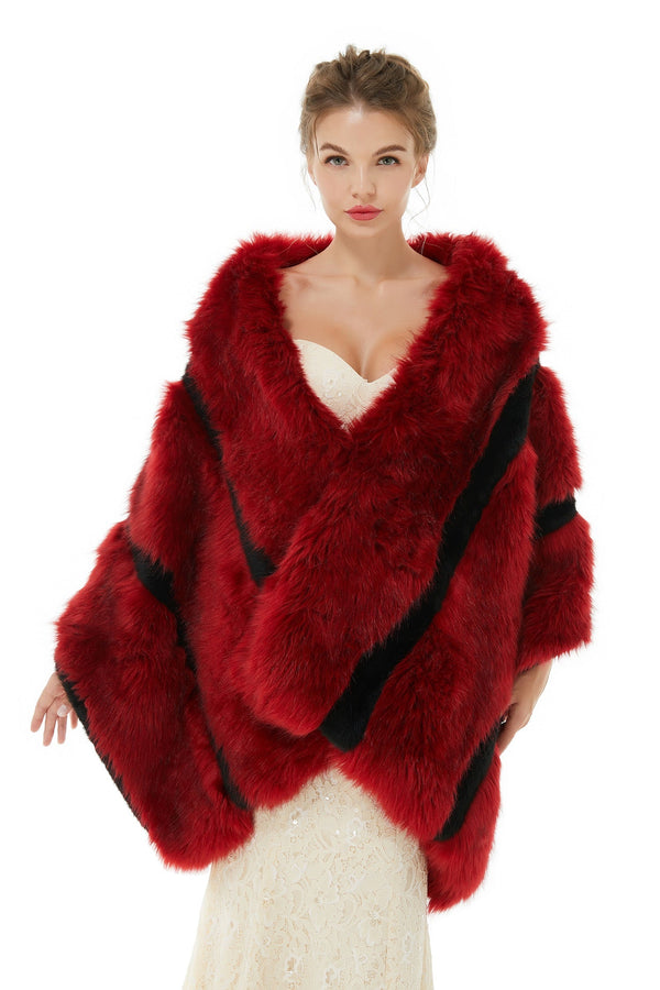 Faux Fur Burgundy Wedding Shawl Fluffy Bridal Wrap Shrug-showprettydress