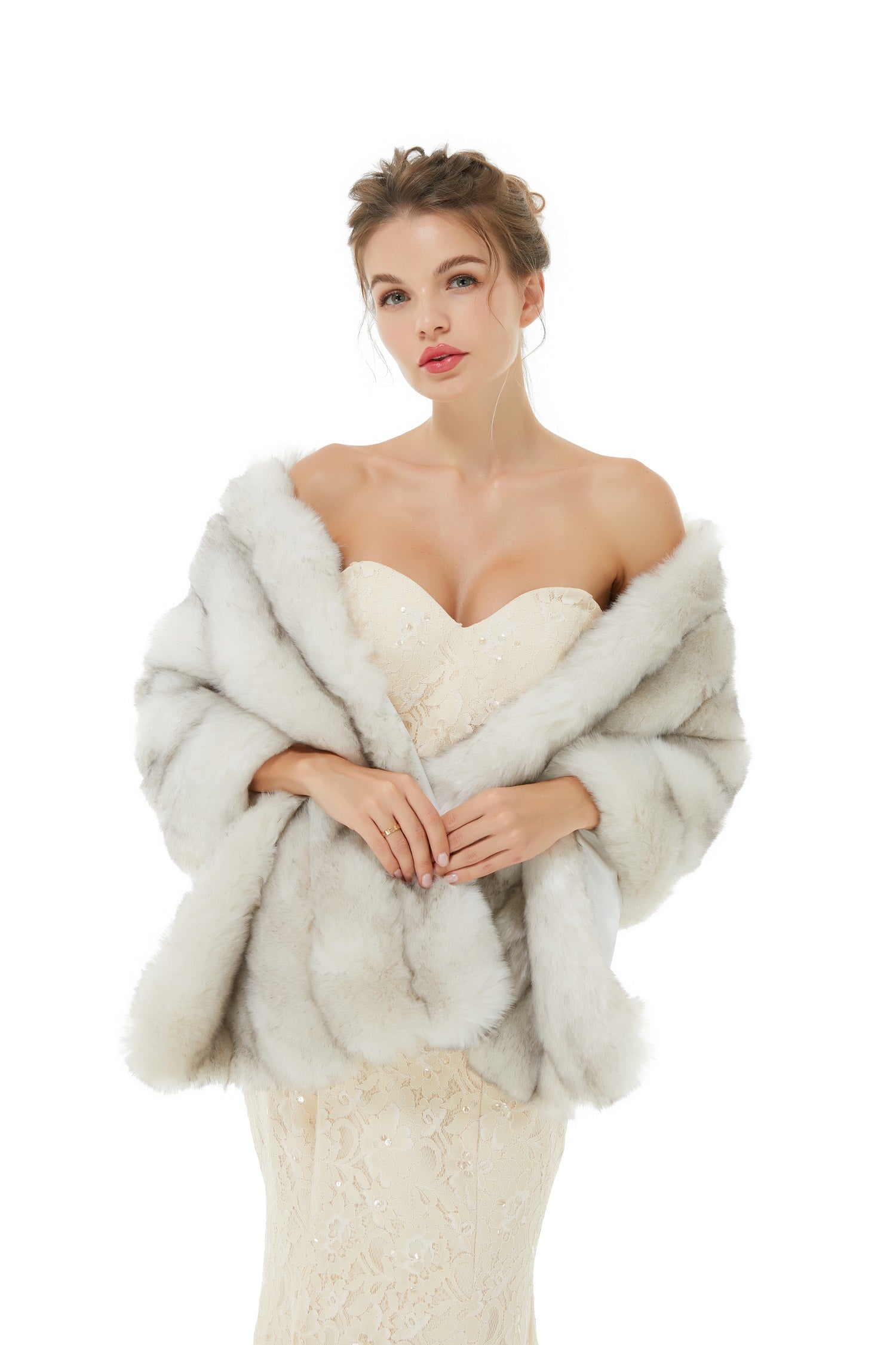 Faux Fur Shawl Gray Women's Winter Poncho-showprettydress