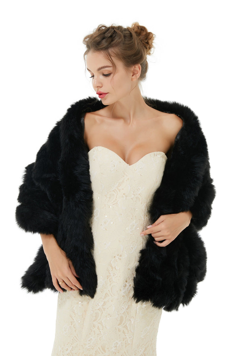 Faux Fur Wrap Black Women Faux Fur Shawl Wedding Wraps-showprettydress