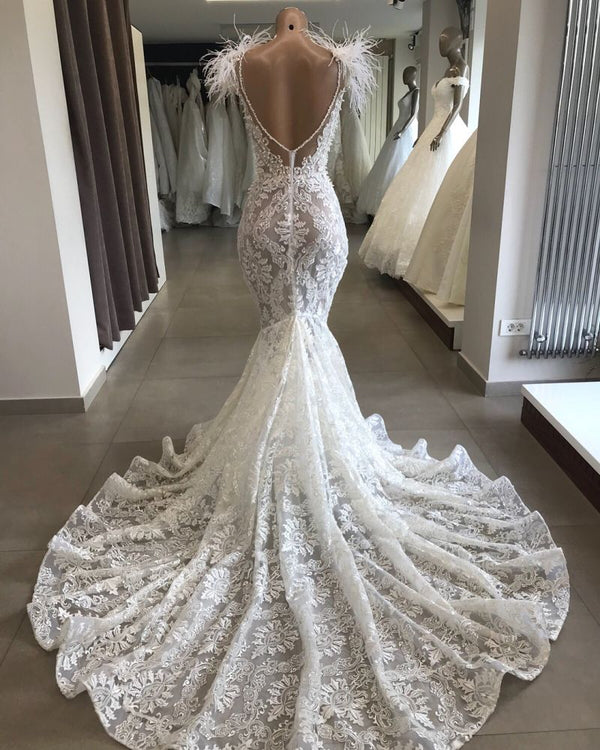 Fit and Flare Lace Crystals Necklace Wedding Dresses Open Back Bridal Gowns with Feather-showprettydress