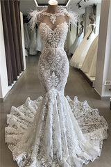 Fit and Flare Lace Crystals Necklace Wedding Dresses Open Back Bridal Gowns with Feather-showprettydress