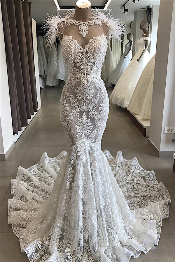 Fit and Flare Lace Crystals Necklace Wedding Dresses Open Back Bridal Gowns with Feather-showprettydress