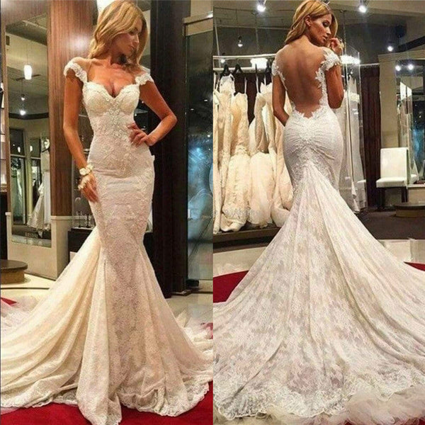 Fit and Flare Lace Wedding Dresses Sheer Tulle Back Wholesale Bridal Gowns with Chapel Train-showprettydress