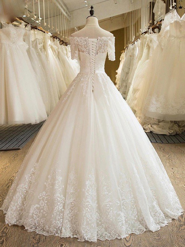 Floor Length Applique Ball Gown Off the Shoulder Lace Tulle 1/2 Sleeves Wedding Dresses-showprettydress