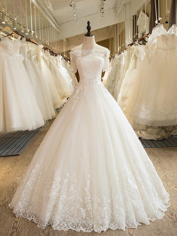 Floor Length Applique Ball Gown Off the Shoulder Lace Tulle 1/2 Sleeves Wedding Dresses-showprettydress