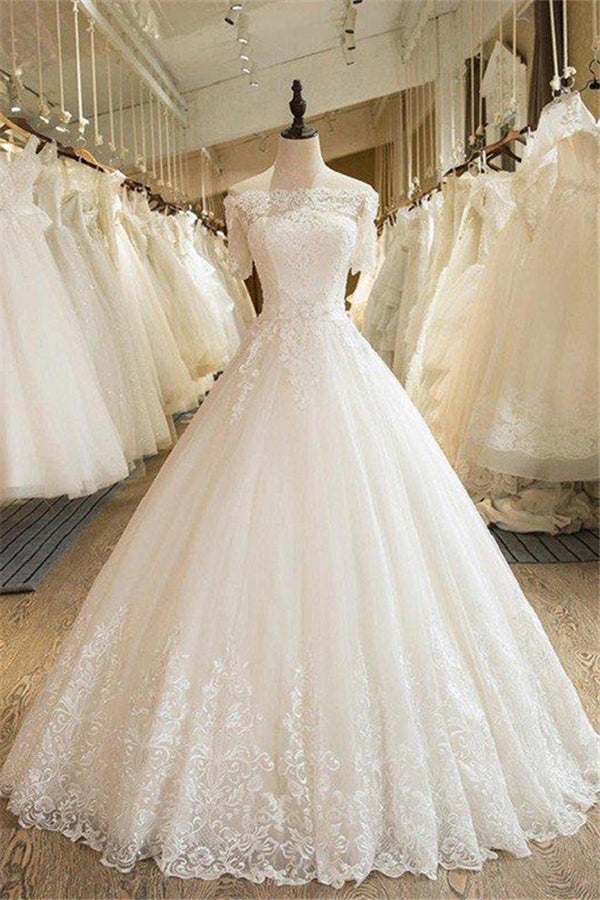 Floor Length Applique Ball Gown Off the Shoulder Lace Tulle 1/2 Sleeves Wedding Dresses-showprettydress