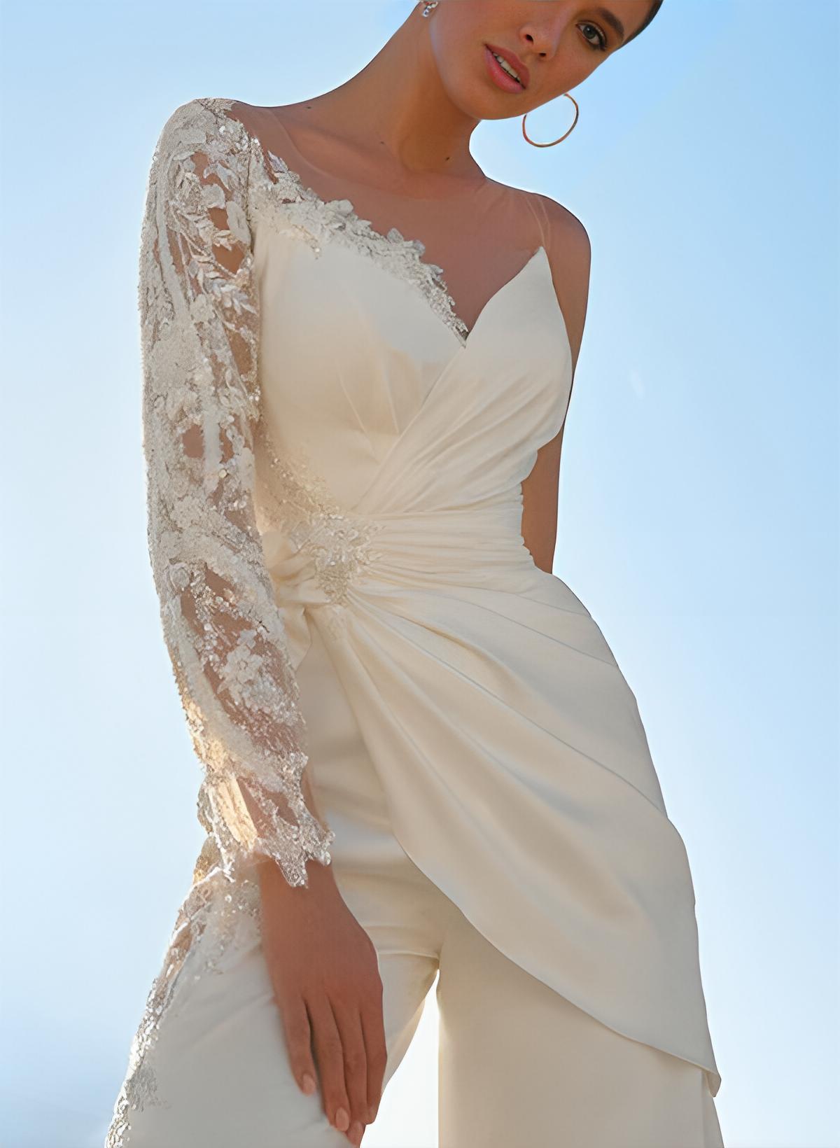 Floor-Length Wedding Jumpsuit Appliques Lace Long Sleeves-Showprettydress