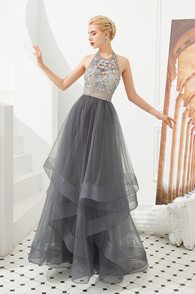 Floral Halter Evening Dress with Sparkle Beads Trendy Gray Mother of the bride Dress with watermelon and blue decorations-showprettydress