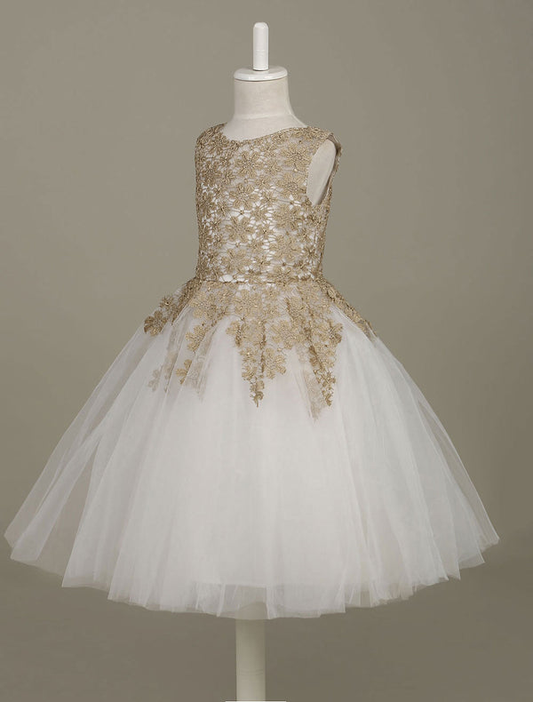 flower girl dress Lace Light Gold Tutu Dress Sleeveless A-line Short Toddler'S Pageant Dress-showprettydress