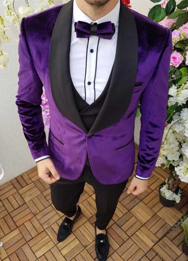 Formal Party Dress Outfit Men's Wear Purple Black Shawl Lapel Velvet Smoking Tuxedos-showprettydress