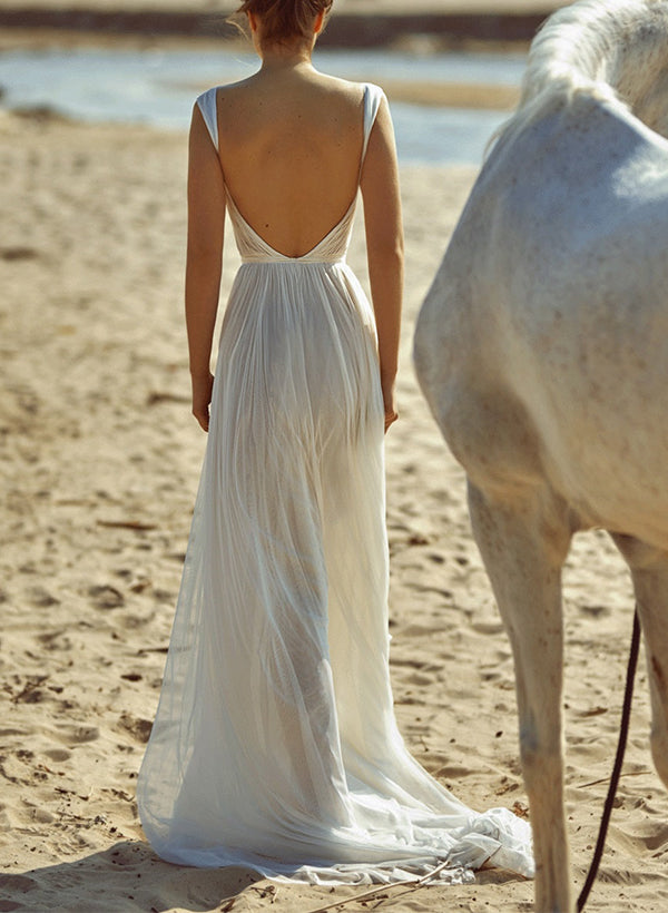 Front Split Chic A-line V-Neck Backless Pleated Tulle Wedding Dresses-Showprettydress