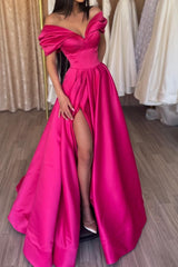 Fuchsia Off-the-Shoulder Prom Dress Long Split V-Neck-showprettydress
