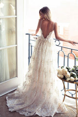 Full Lace Open Back Wedding Dresses Modern Spaghetti Straps Summer Bridal Gowns-showprettydress